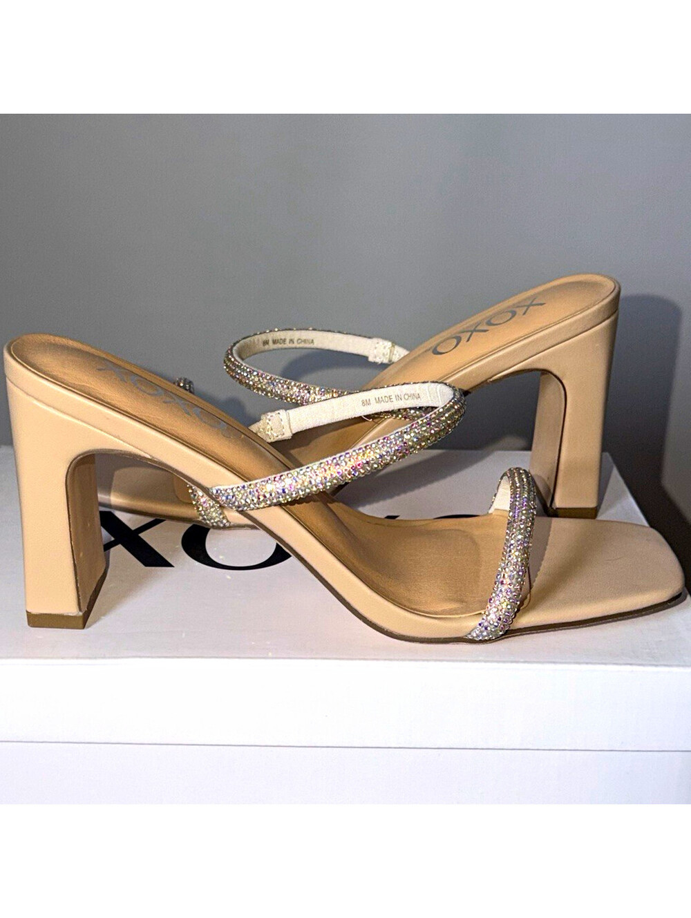 XOXO Women's Beige Rhinestone Strappy Slip-On Block Heel Sandals US 8
